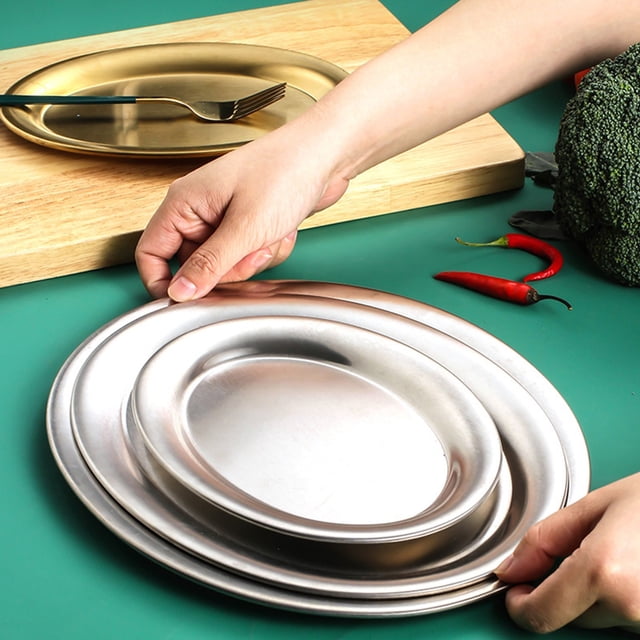 Kitchen Decor Stainless Steel Oval Plate Steamed Fish Plate Gold Plate Barbecue Meat Plate Flat Bottom Snack Plate Western Food Plate