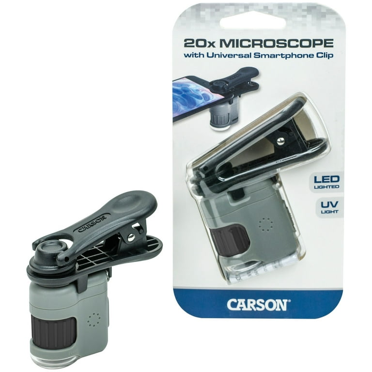Carson MicroFlip 100x-250x LED Lighted Pocket Microscope with Flip Down  Slide Base, Smartphone Adapter Clip, and UV Flash 