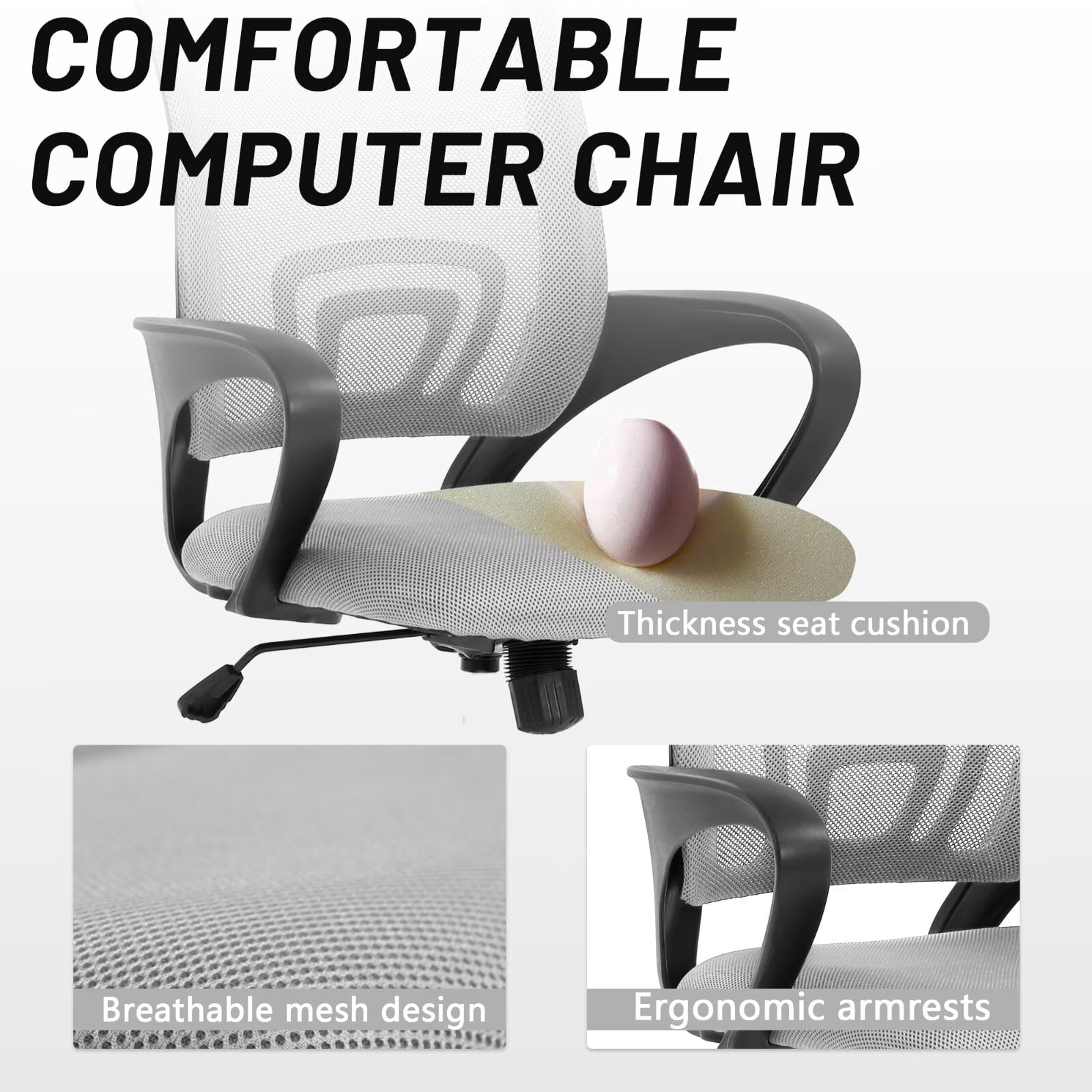 CL.HPAHKL Mesh Office Chair with Wheels, Adjustable Ergonomic Computer Desk Chair with Lumbar Support & Armrest, Comfortable Swivel Rolling Chair for Home Office Work Study, Grey