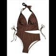 thumbnail image 1 of Conjuntos de Bikini para Mujer, de Cintura Alta, Acanalados, con Cuello Halter y Cordón Fruncido, de Dos Piezas. Color Café S, 1 of 10
