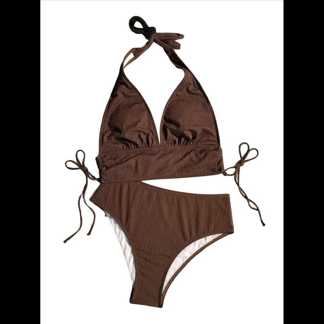Conjuntos de Bikini para Mujer, de Cintura Alta, Acanalados, con Cuello Halter y Cordón Fruncido, de Dos Piezas. Color Café S