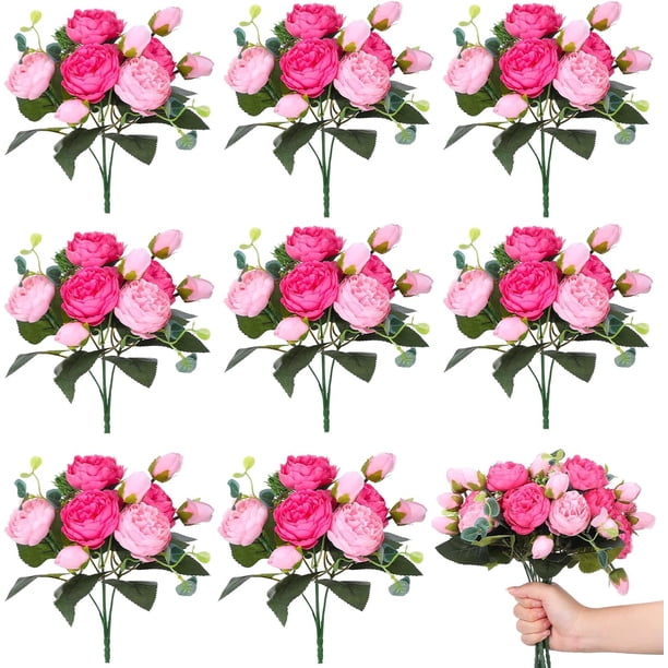 Nvzi 8 paquetes de flores de peonía artificiales, flores de imitación, ramo de hortensias de seda, estilo vintage para bodas (rosa rosa)