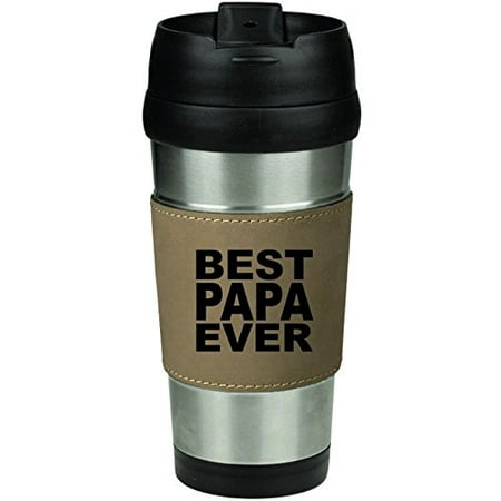 Leather & Stainless Steel Insulated 16oz Travel Mug Best Papa (Best Stainless Travel Mug)