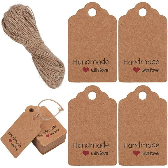 150Pcs Handmade with Love Gift Tags Gifts Wrapping Tags Burlywood Kraft Paper Rectangle Red Heart Hanging Labels Tag with 66 Feet Jute String for DIY Crafts Wedding Party Favors Wrap Decor Brown