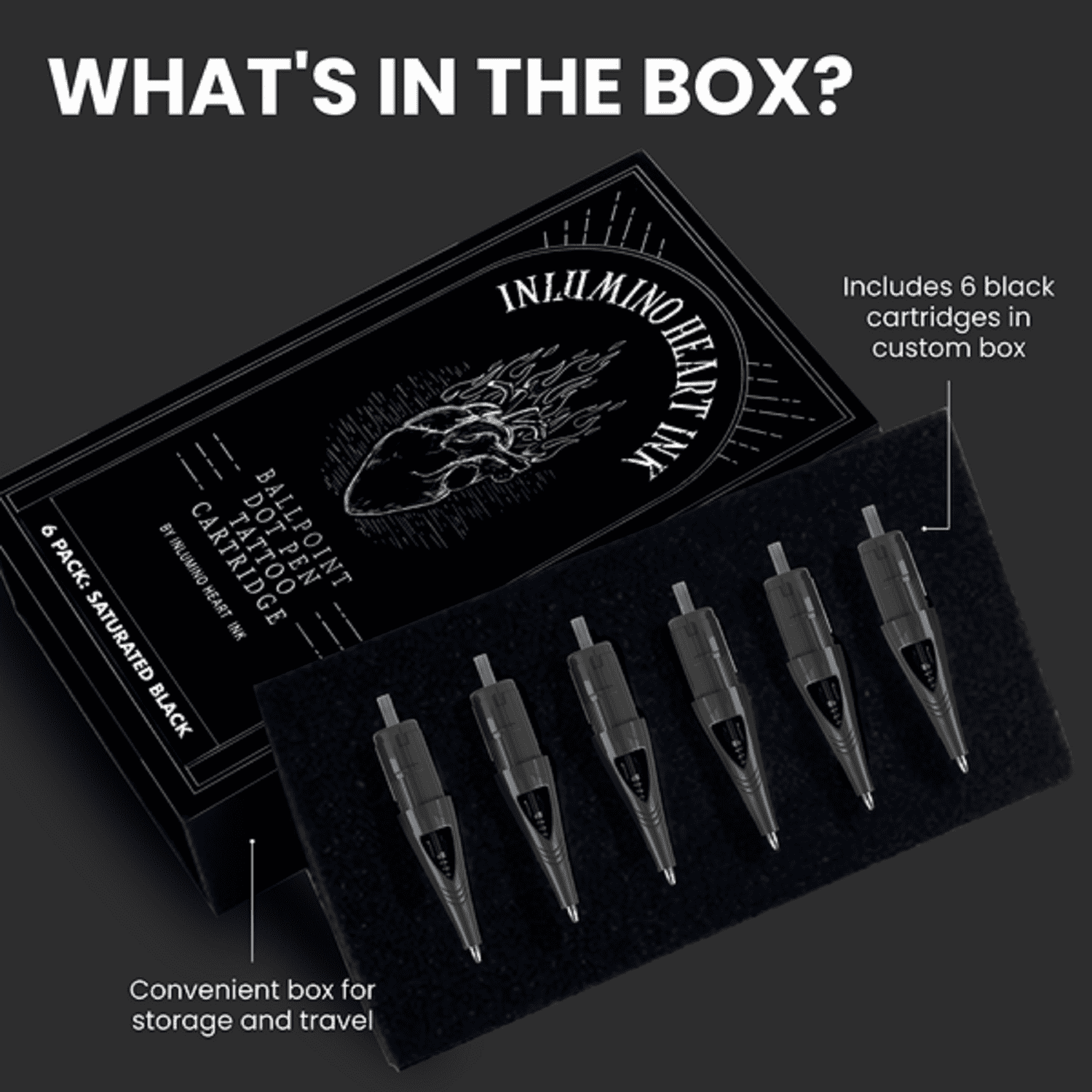 Inlumino Heart Ink Ballpoint Pen Cartridges – Saturated Black Ink (6 Pack) – Practice Cartridges for Rotary Pen – Water-Based Ink with Bold Color