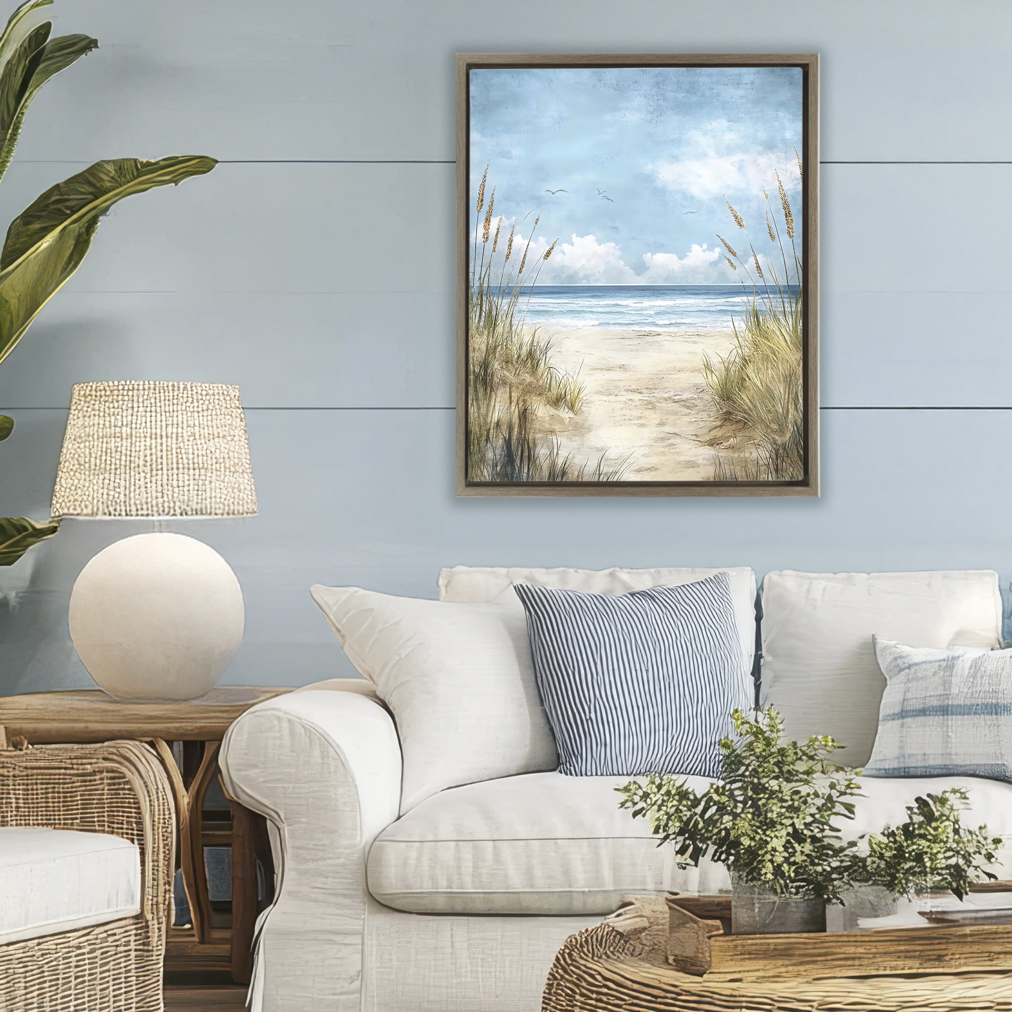 Stupell Industries Free Seagulls over Beach Dunes Brown Framed Floater Canvas Wall Art, design by Creative Studio