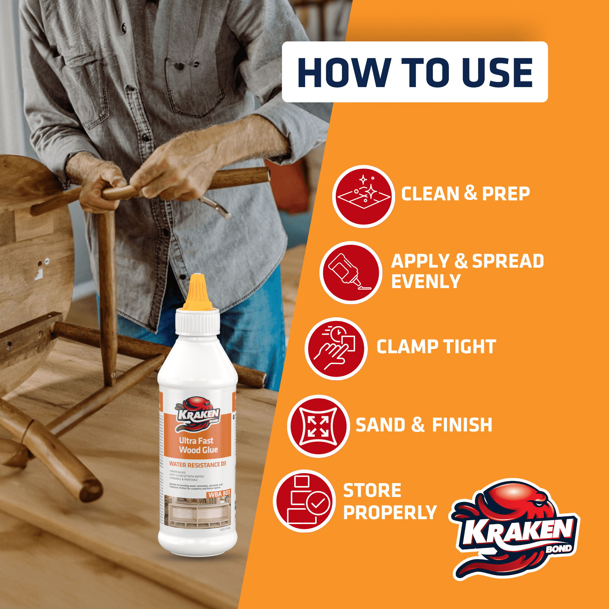 Kraken Bond D3 White PVA Wood Glue, Fast Setting, 13.5 fl oz - 12 Pack