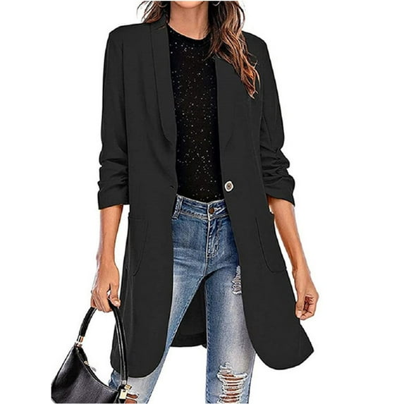 Langwyqu Solid Color 3/4 Sleeve One Button Lapel Long Blazer Coat