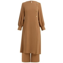 IBTOM CASTLE Abaya Dress for Women Muslim Long Sleeve Ramadan Islamic Shirt with Pants 2PCS Dubai Prayer Casual Clothes 3XL Khaki