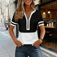 thumbnail image 4 of HomeDM Women's Quarter Zip Short Sleeve Summer Pullover Tops, Crew Neck Stripe Loose Fit Shirts - Black/2XL, 4 of 8