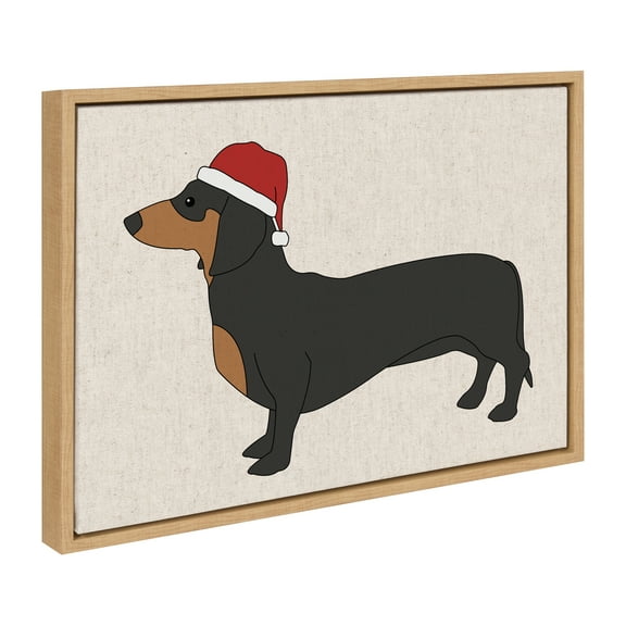 Kate and Laurel Sylvie Dachshund Through The Snow Framed Canvas Wall Art by Jake Goossen, 18x24 Natural, Cute Christmas Wiener Dog Art for Wall