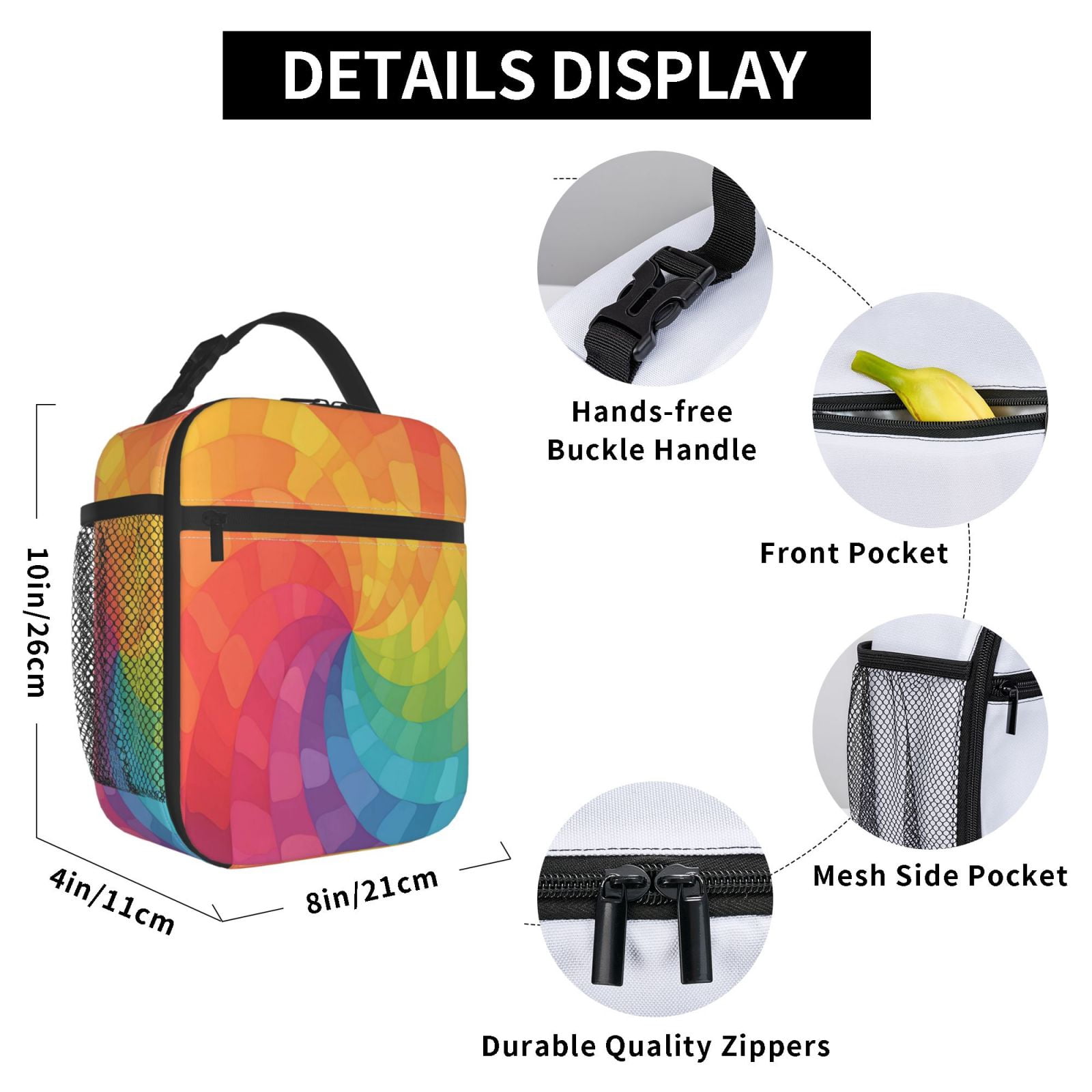 Lunch Bag For Women Men Insulated Portable Lunch Box Bento Box Office Picnic Travel Cooler Bag Mediumvioletred Tie Dye Background Rainbow Colors_2