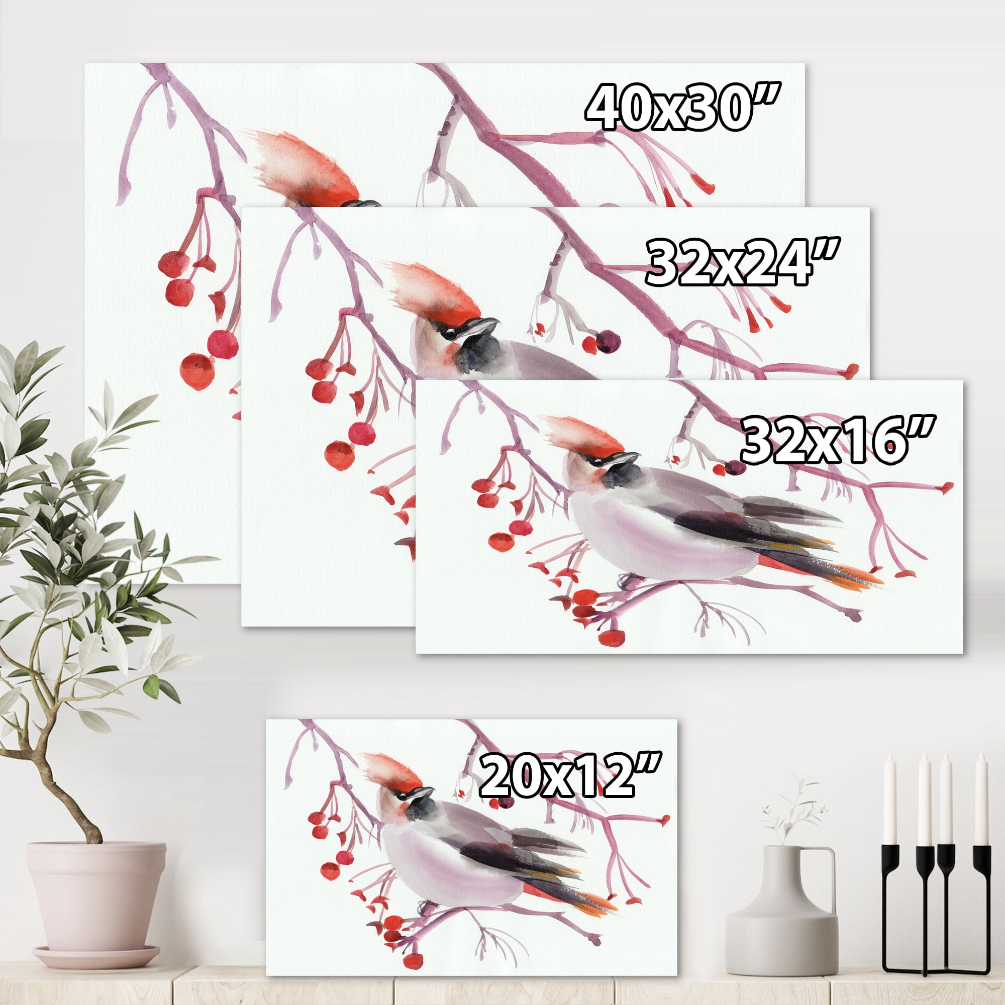 Designart ' Waxwing Bird Sitting On A Branch ' Traditional Canvas Wall Art Print