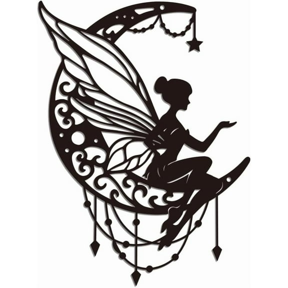 Metal Moon Fairy Wall Art Decor Black Fairy Iron Metal Wall Art Hanging Decor Signs for Home Decoration Fairy Pattern Wall Living Room 8.77x11.81 Inch Fairy
