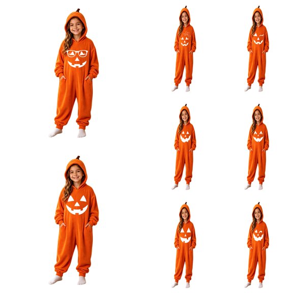 jiaxiM Pocket Onesie, Hooded Jumpsuit, Halloween Casual Wear, Light Pumpkin Graphic One Piece Suit, Soft Plush Long Sleeve Loungewear