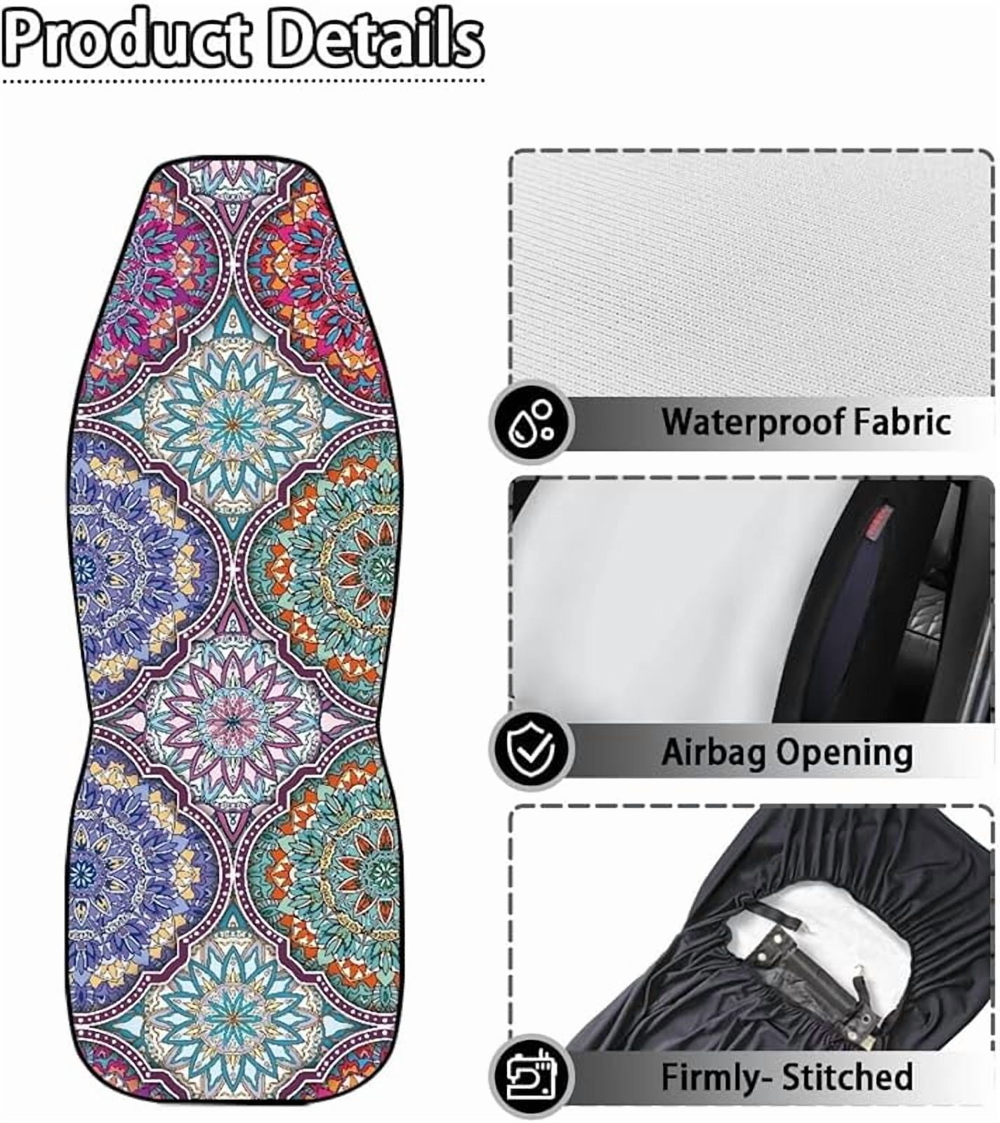 Waterproof Car Front Seat Cover Set Boho Mandala Floral Pattern Driver Seat Cover Comfort Front Bucket Seat Cover,Auto Interior Decoration,2 Pack,Airbag Compatible