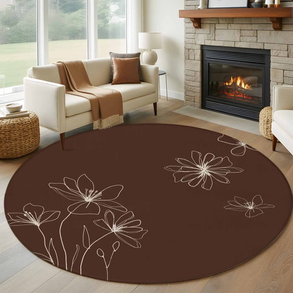 Round Rugs 6Ft, Brown Floral Round Area Rug Washable Indoor Throw Carpet, Spring Flower Soft Non Slip Circle Rug for Office Cabinet Home Decor Aesthetic