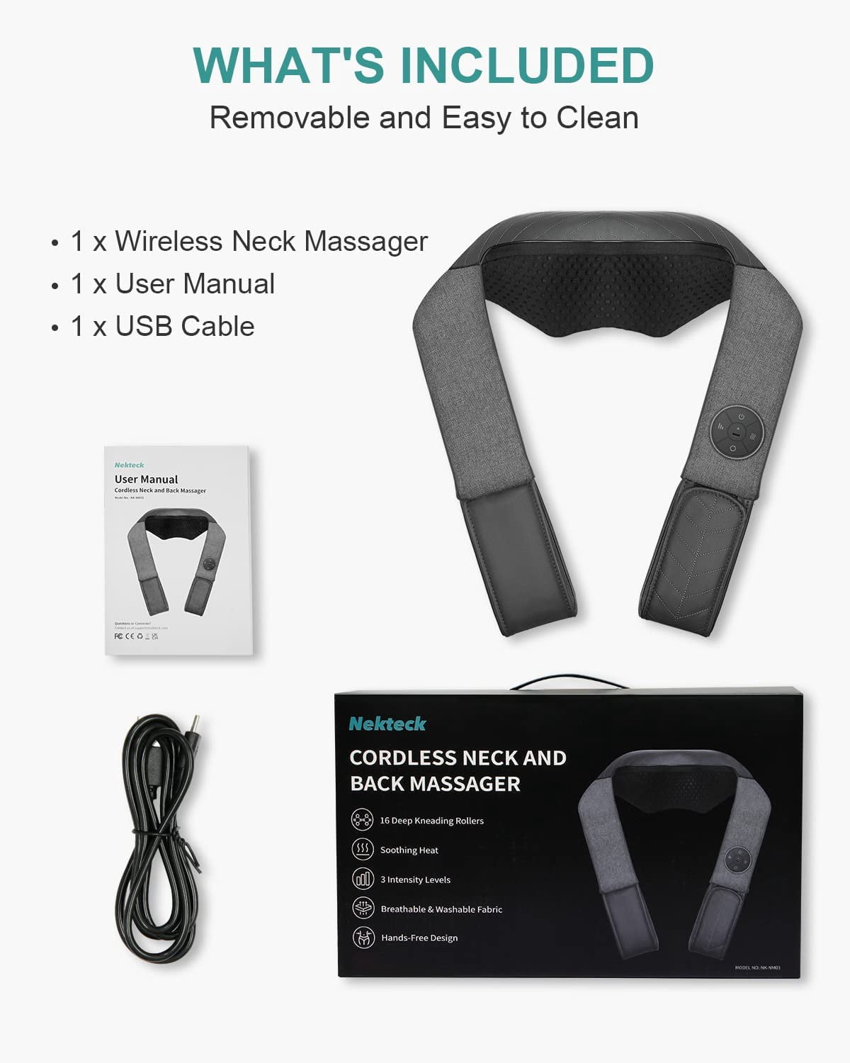 Nekteck Cordless Shiatsu Neck Massager with Heat for Pain Relief,Portable Massage Pillow - Gray