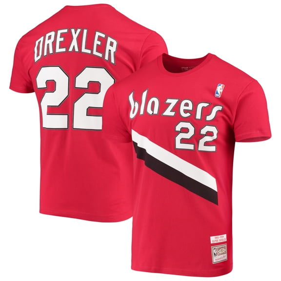 Men's Mitchell & Ness Clyde Drexler Red Portland Trail Blazers Hardwood Classics Player Name & Number T-Shirt