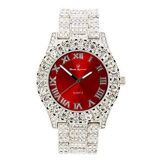 Women's Big Rocks Bezel Colored Dial with Roman Numerals Fully Iced Out Watch - ST10327LA (Silver-Red)