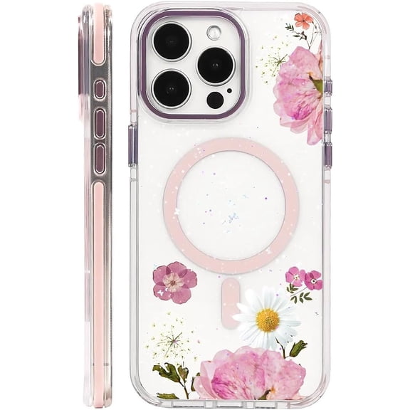for iPhone 13 iPhone 14 Case, Pink Pressed Flower Compatible with MagSafe & Magnetic Wireless Charging, Shockproof Protective Phone Case Cover for iPhone 13 iPhone 14, Clear Pink