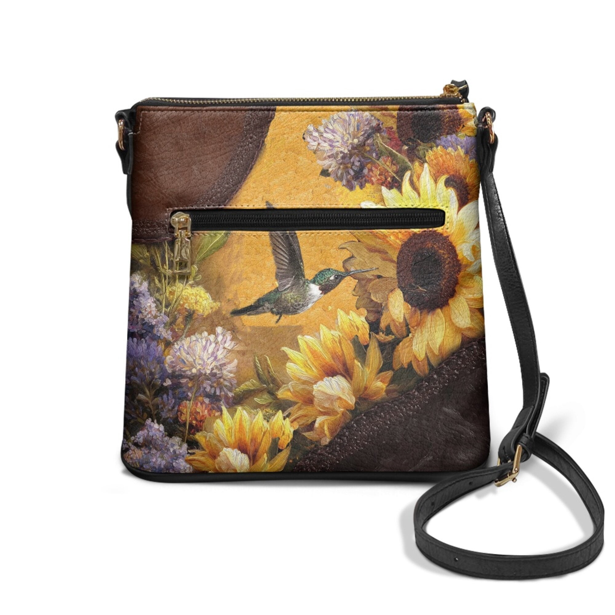 LedBack Hummingbird Sunflower Print Leather Satchel Handbag Hobo Bag with Adjustable Strap, Crossbody Purse for Women Ladies Sling Shoulder Purse for Travel, Brown and Yellow