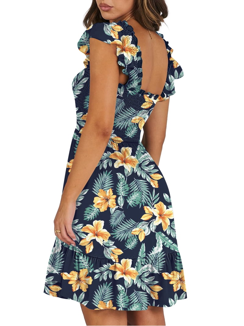 square neck midi summer dress qolati Summer Dresses for Women 2025 Lace Up Square Neck Midi Dress Corset Smocked Flowy A Line Beach Wedding Guest Dresses