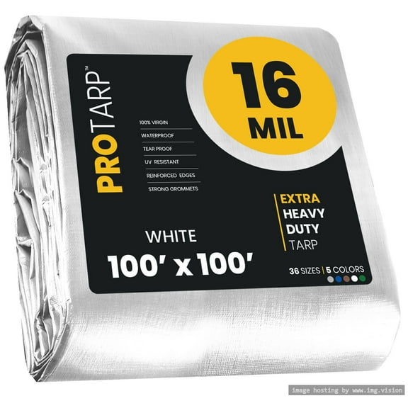 Protarp 16 Mil Extreme Heavy Duty Tarp Camping Tarpaulin Waterproof Cover, White 100′ X 100′Ft