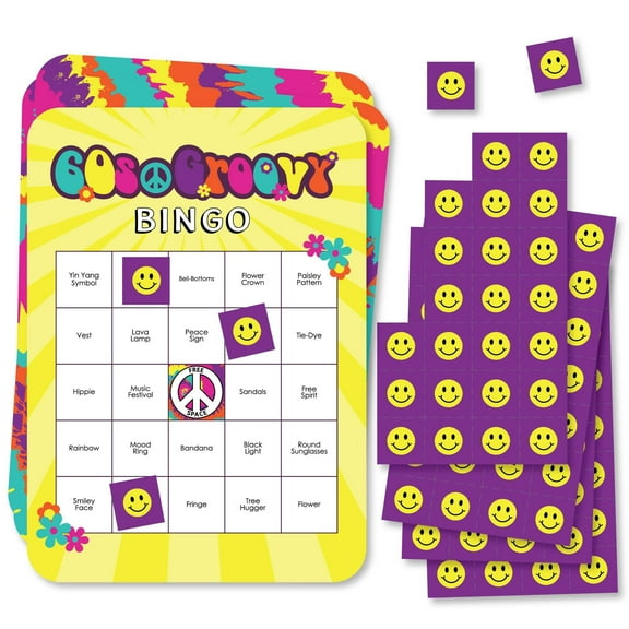 Big Dot of Happiness 60's Hippie- Bar Bingo Cards and Markers - 1960s Groovy Party Bingo Game - Set of 18