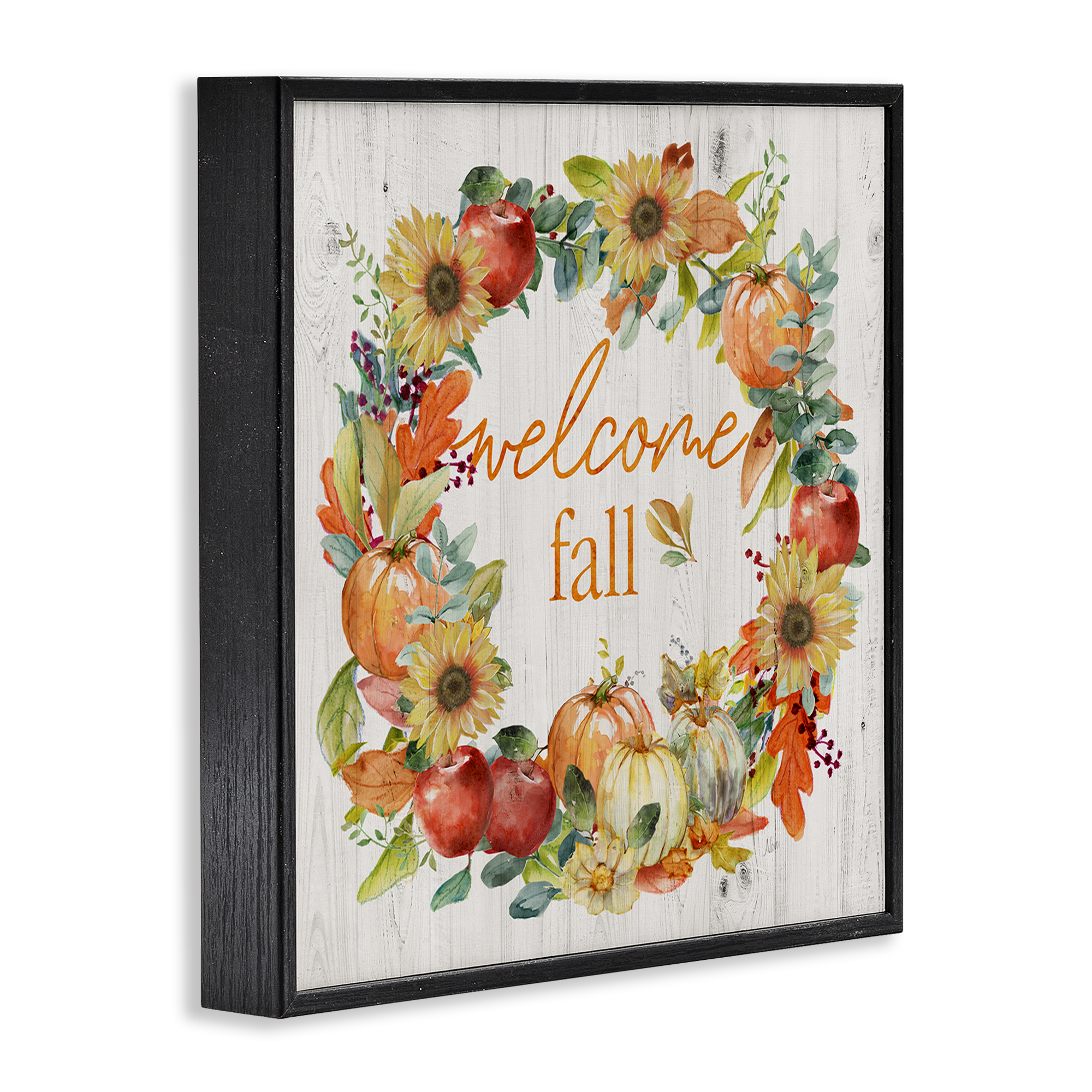 Stupell Industries Welcome Fall Pumpkin Wreath Botanical & Floral Painting Black Framed Art Prints Wall Art, 12 x 12