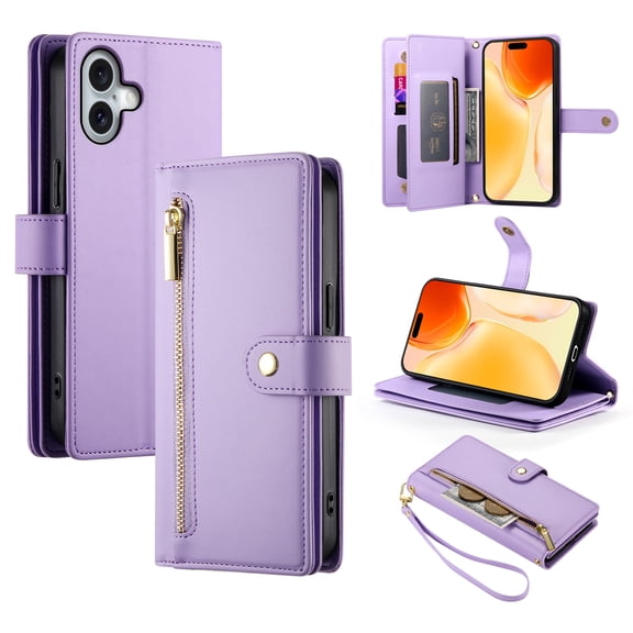for iPhone 16 Plus Wallet Case with Crossbody Strap & Card Holder, Fashion Flip PU Leather Magnetic Clasp Cover for Women Men, Zipper Pocket Purse Phone Case for iPhone 16 Plus, Purple