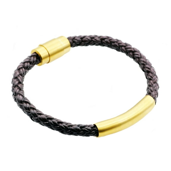 Arista Men's Brown Leather Bracelet in Gold Plated Solid Stainless Steel, 8.5"