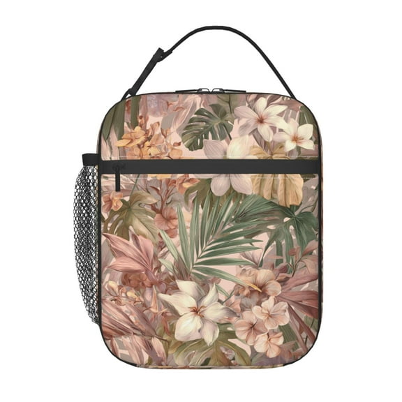 Palm Leaves Hibiscus Flowers Lunch Bag for Office Women – Stylish Thermal Insulated Tote with Shoulder Strap, Lightweight for Work or Travel