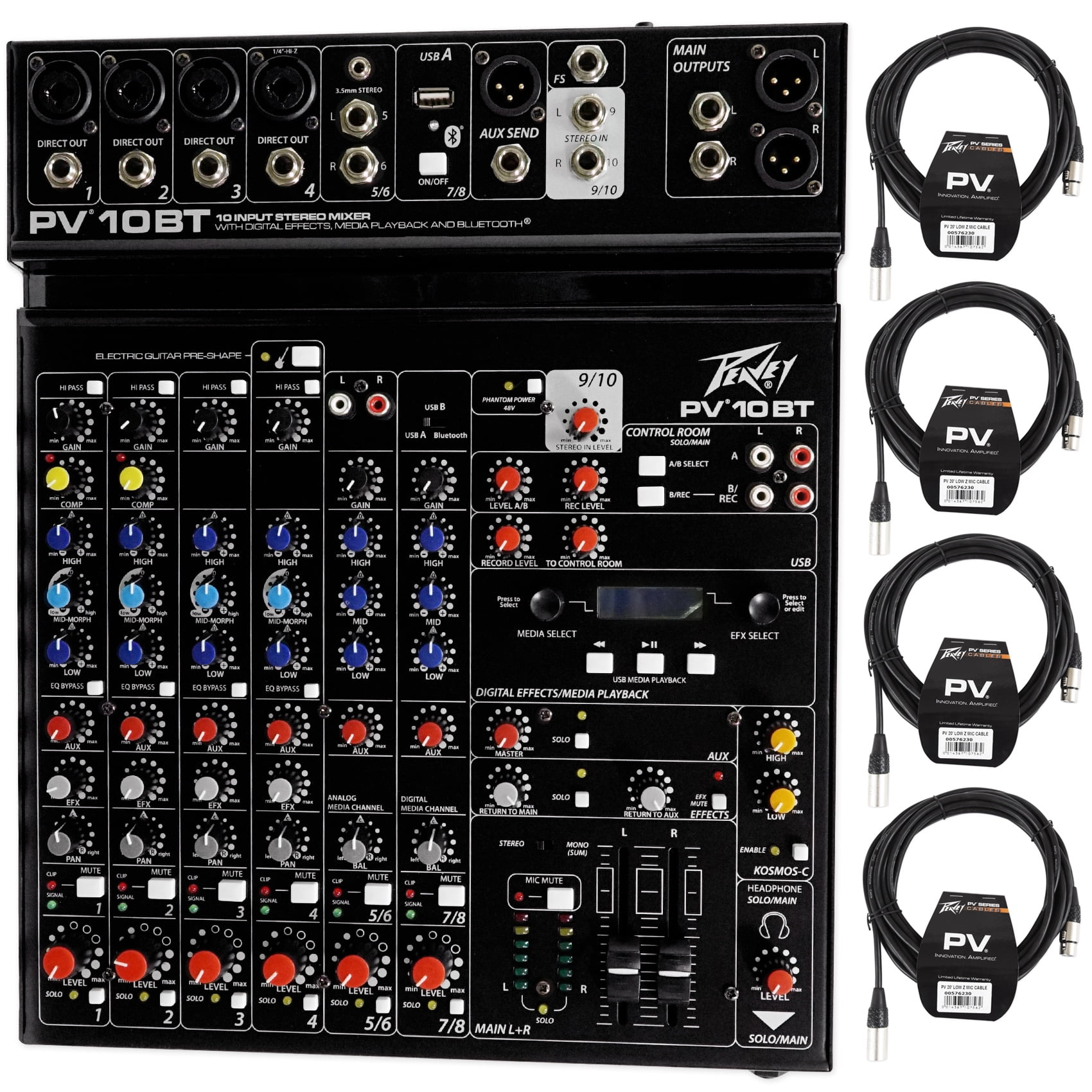 10BT　In,Bluetooth/USB,Compressor/Effects+XLR　Peavey　PV10BT　mic　PV　Mixer,4　Cables