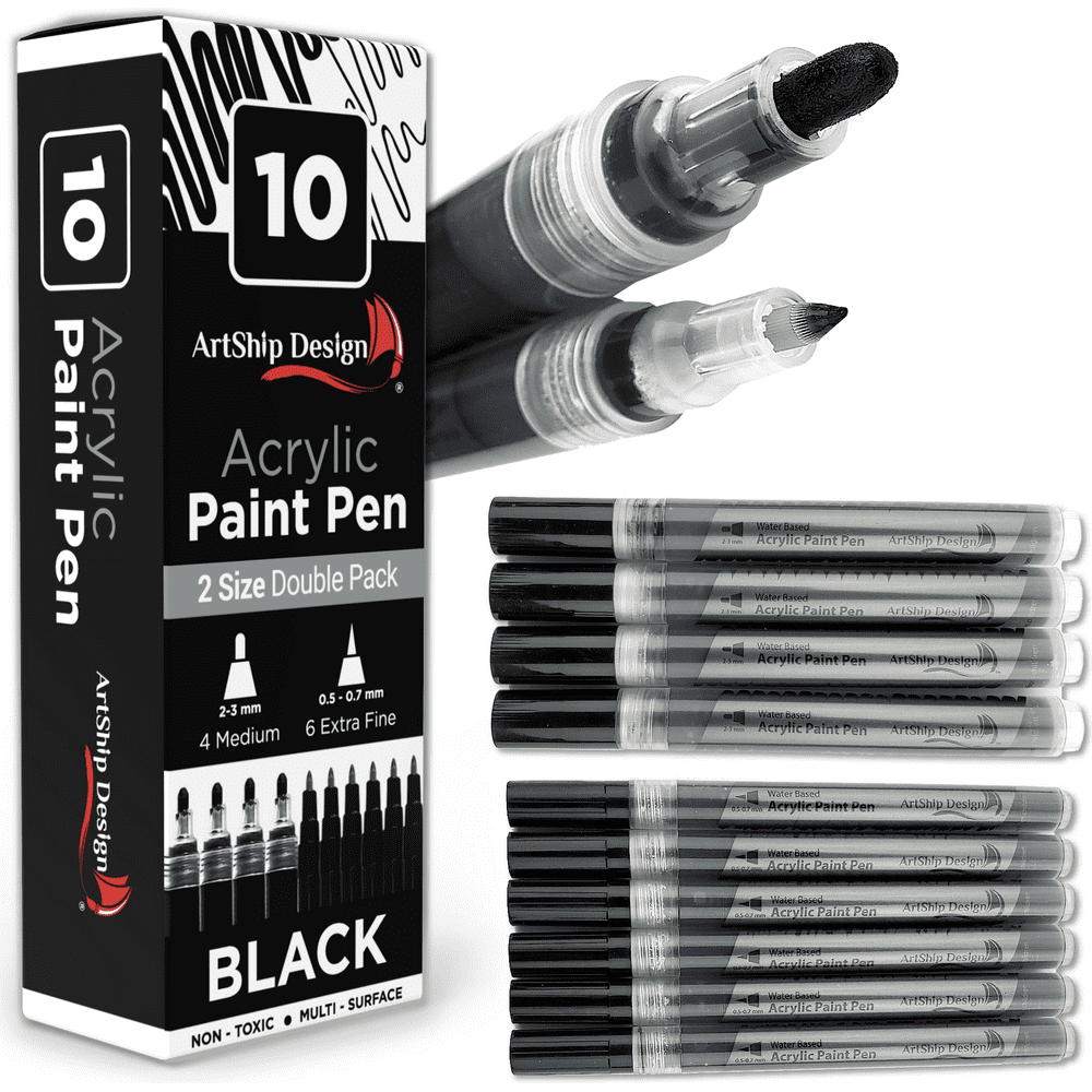 10 Black Acrylic Paint Pens, Double Pack of Both Extra Fine and Medium