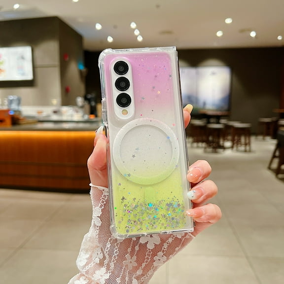 Glitter for Samsung Galaxy Z Fold 4 Case Compatible with MagSafe for Women, [One-Piece Molding Technology] [Stronger Magnetic Attraction] [Military Grade Drop Protection] [Sparkle Clear],Purple Yellow