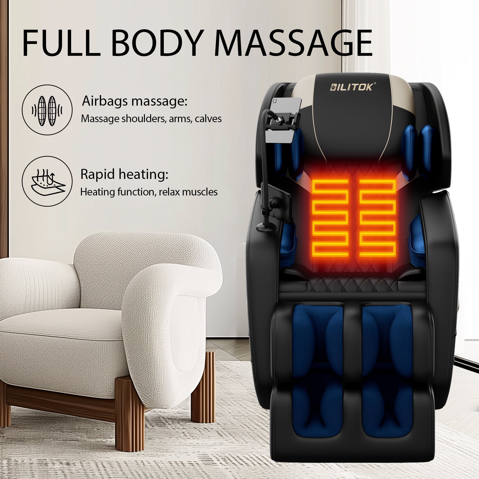 AENKYO Zero Gravity Full Body Massage Chair Recliner Includes Heating, Airbags, Wireless Connectivity, Foot Roller, and Touch Screen Black