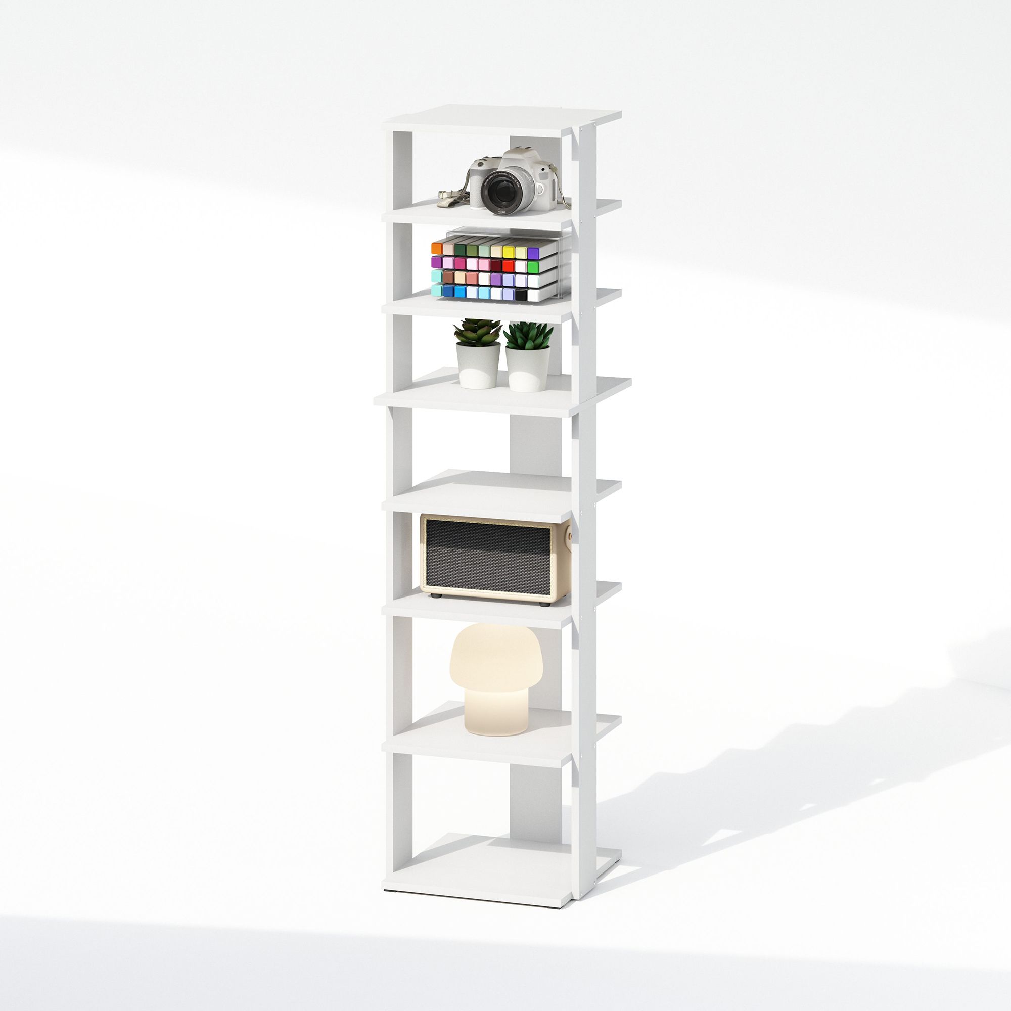 Furinno Compact 8-Tier Vertical Space Saving Free Standing Corner Shelf, Display Rack, White