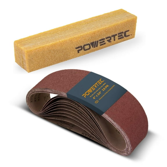 POWERTEC 18PK 4 x 24 Inch A/O Sanding Belts and Abrasive Cleaning Stick Set, Assortment, 3 Each of 60/80/120/150/240/400 Grit for Oscillating Belt, Spindle Sander with Natural Rubber Eraser, 110012