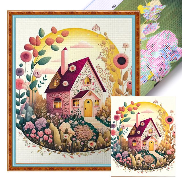 Hilo Algodón Bordado Punto Cruz Con Flores Y Pasto 16CT 40x50cm