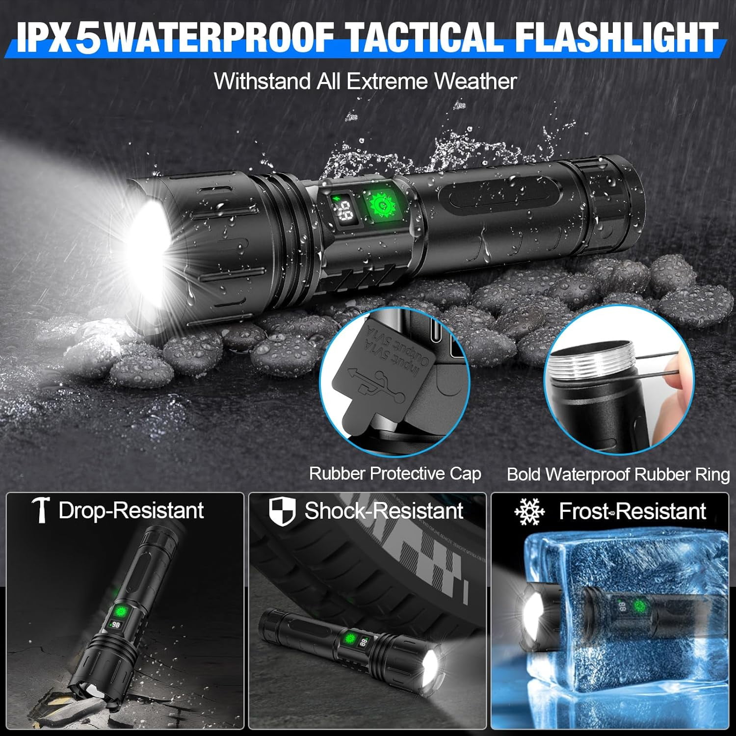 2-Pack 1000 High Lumens Flashlights,Super Bright LED light 5 Modes, Waterproof with Power Display for Outdoor Home Hiking Camping Essentials