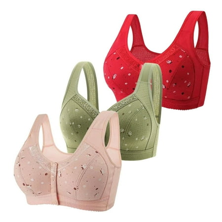 DondPO Bras for Women 3 Pack Bras For Older Women 2024 Front Close Button Cotton Bras Comfortable Full Support Wide Back No Underwire Bras Push Up Bra Plus Size Bras for Women Clearance Pink 40