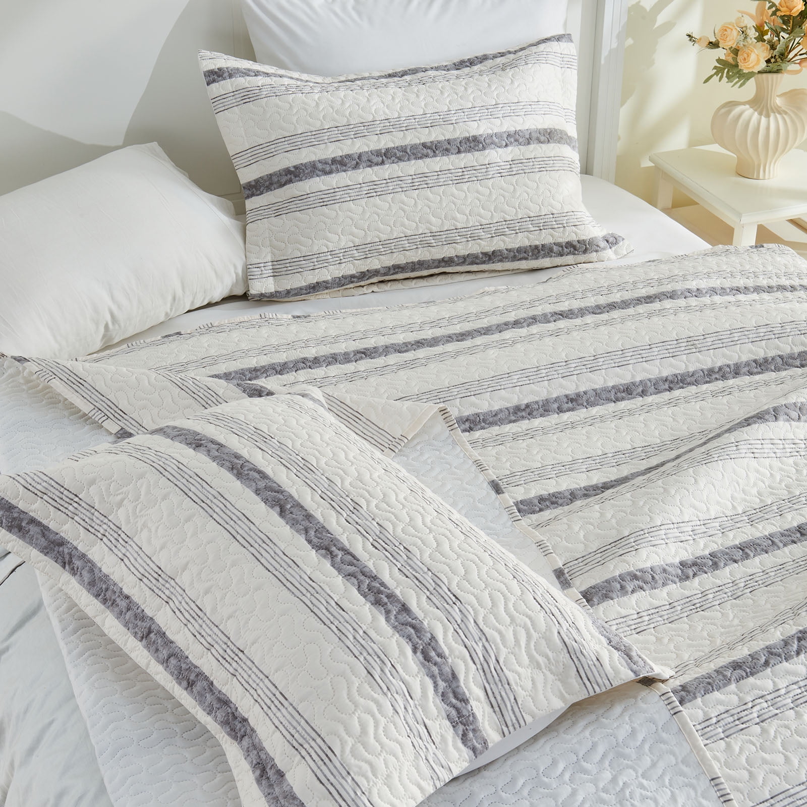 Gogreen Luxury Printed Quilt Set Queen Size, Lightweight Comforter Set, Oversized Bedspread Coverlet Quilted Bedding Set, with 2 Matching Pillowcases, for All Season