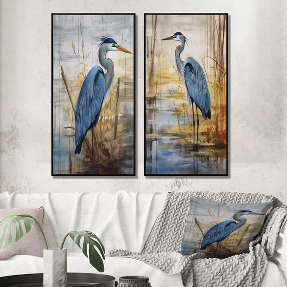 Designart "Blue Heron by the Waterside Watercolor I" Animals Bird Framed Wall Art Set Of 2 - Children's Art White Frame Gallery Set For Office Decor