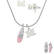 3-D Pink Running Shoe - M Initial Charm Necklace and Stud Earrings Jewelry Set