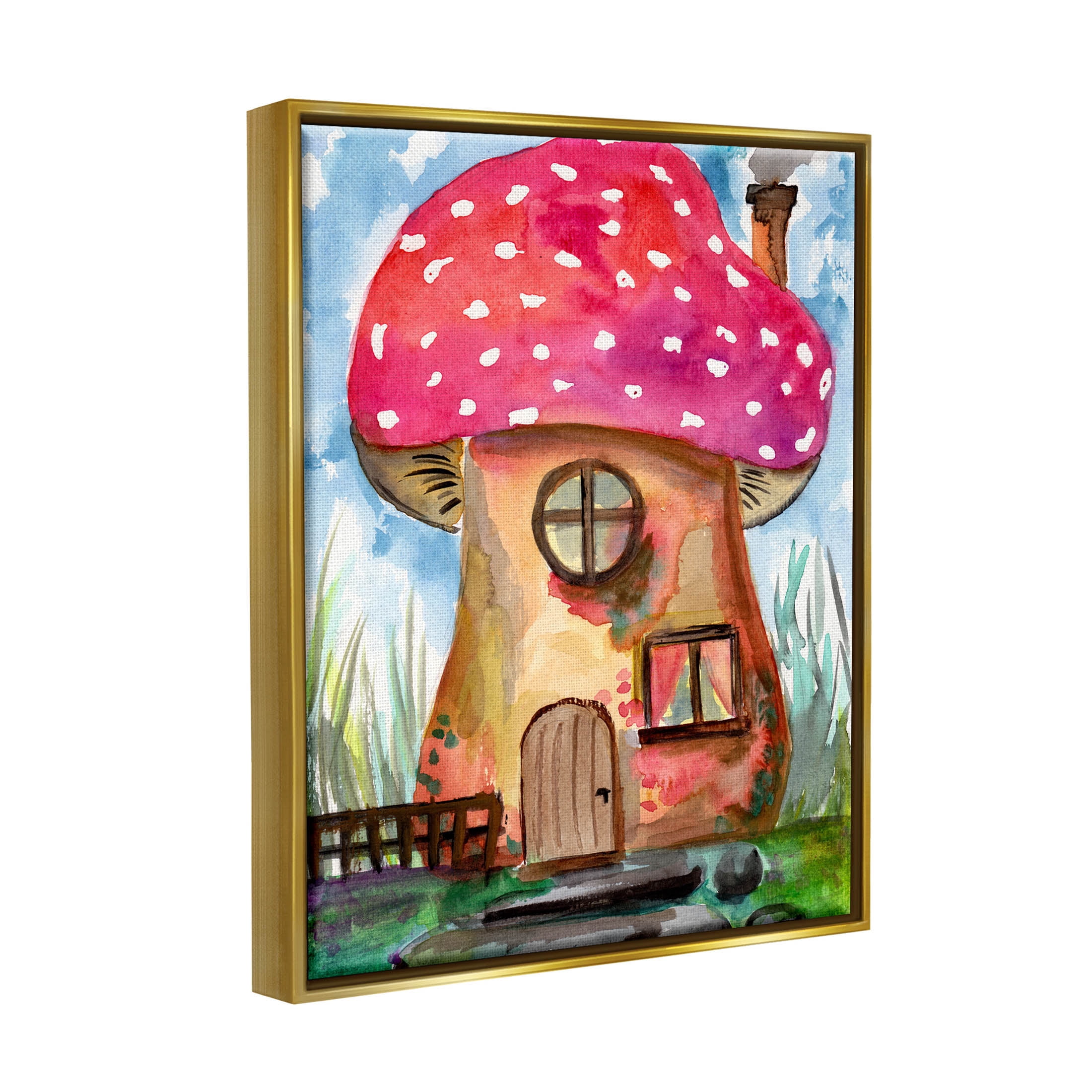 Mushroom Forest House Fantasy Botanical & Floral Painting Metallic Gold Framed Art Print Wall Art