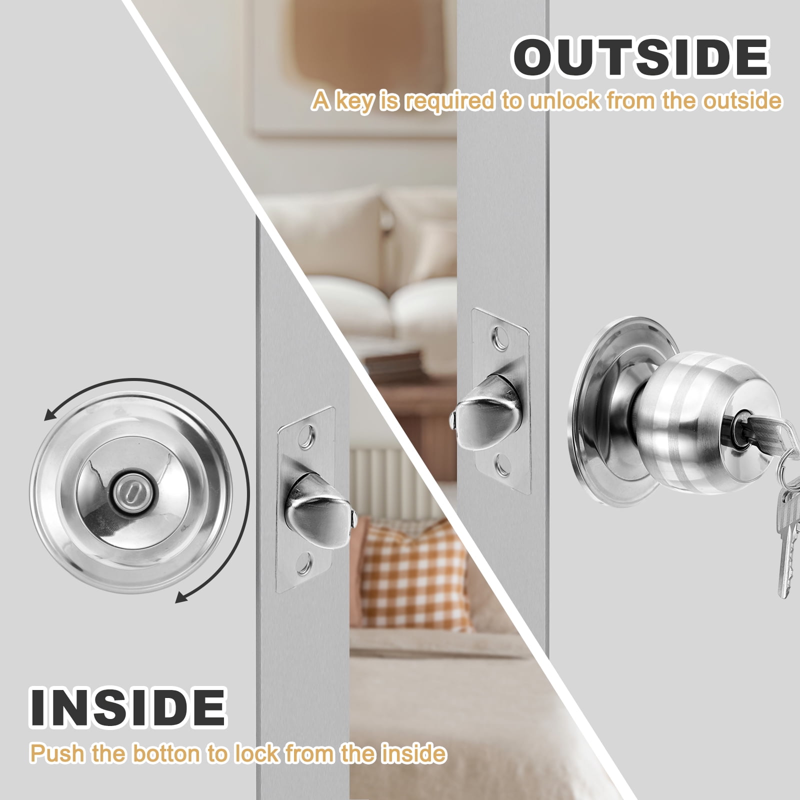 Keyed Entry Door Knobs, 50mm (1-31/32") Backset Stainless Steel Round Lock for Bedroom Bathroom