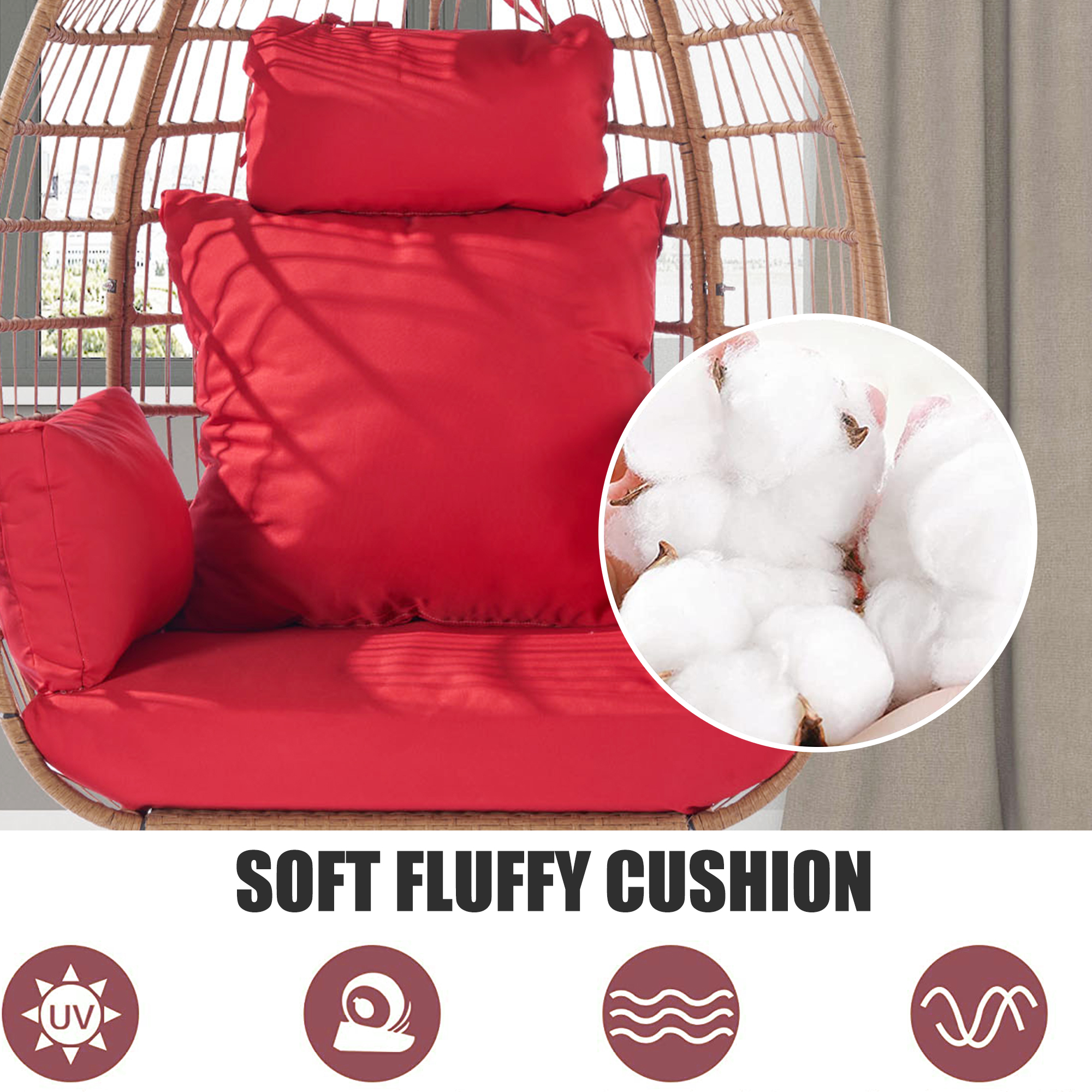 Outdoor Stationary Egg Chair, Wicker Egg Swing Chair with Red Cushions for Patio, Garden, Backyard, Rattan Standing Egg Chair - image 4 of 10