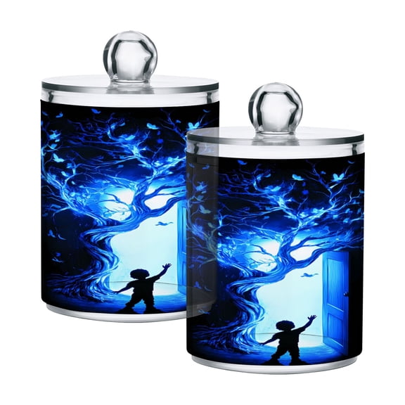 2 Pack Child Blue Tree Door Qtip Holder Dispenser Clear Plastic Storage Apothecary Jars for Cotton Swabs Balls Pads Floss