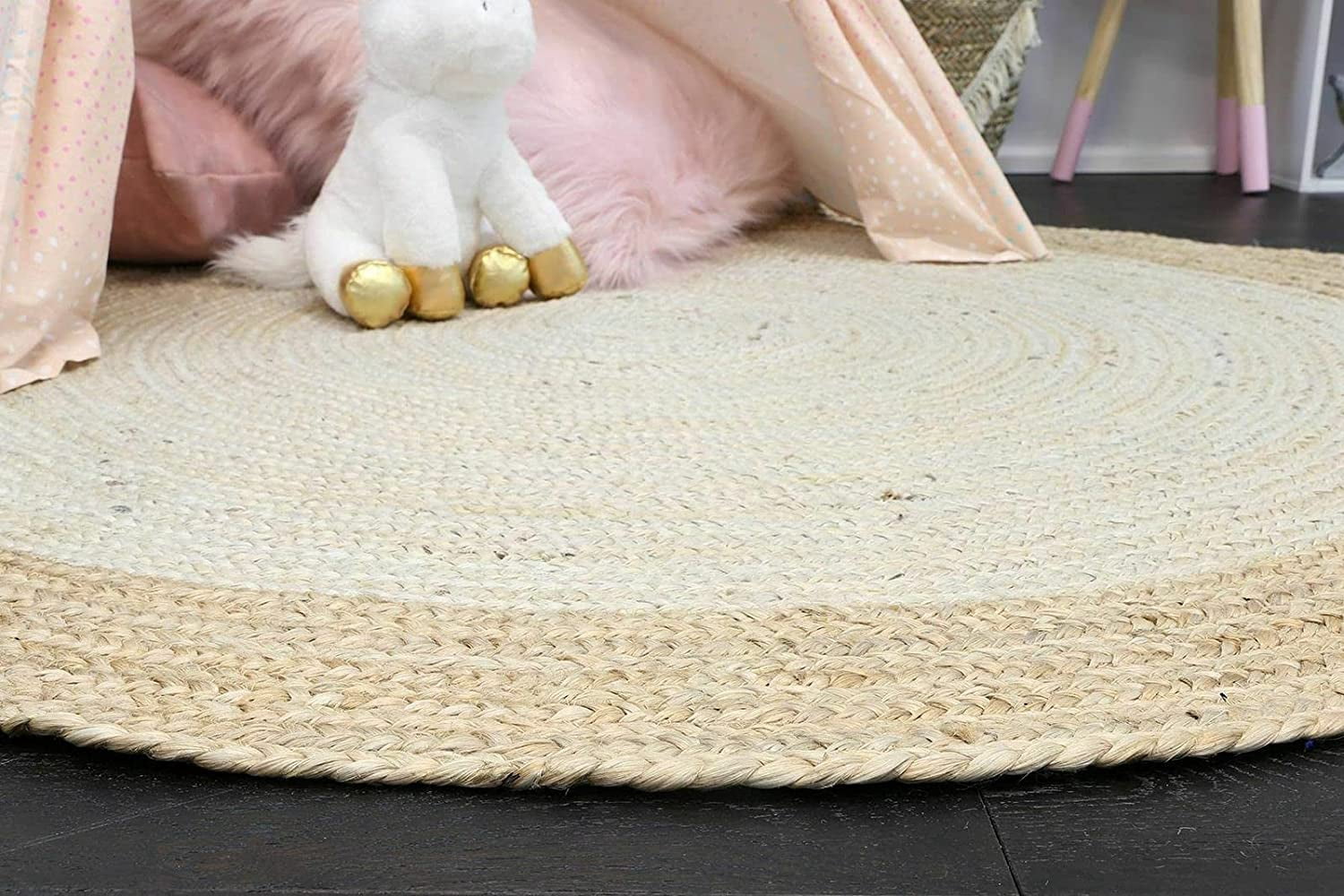 Avgari Creation Handmade Natural Jute Rug Round Area Rug Rug for Home Decor (11 Feet Round (132x132 Inches), White + Beige Border)